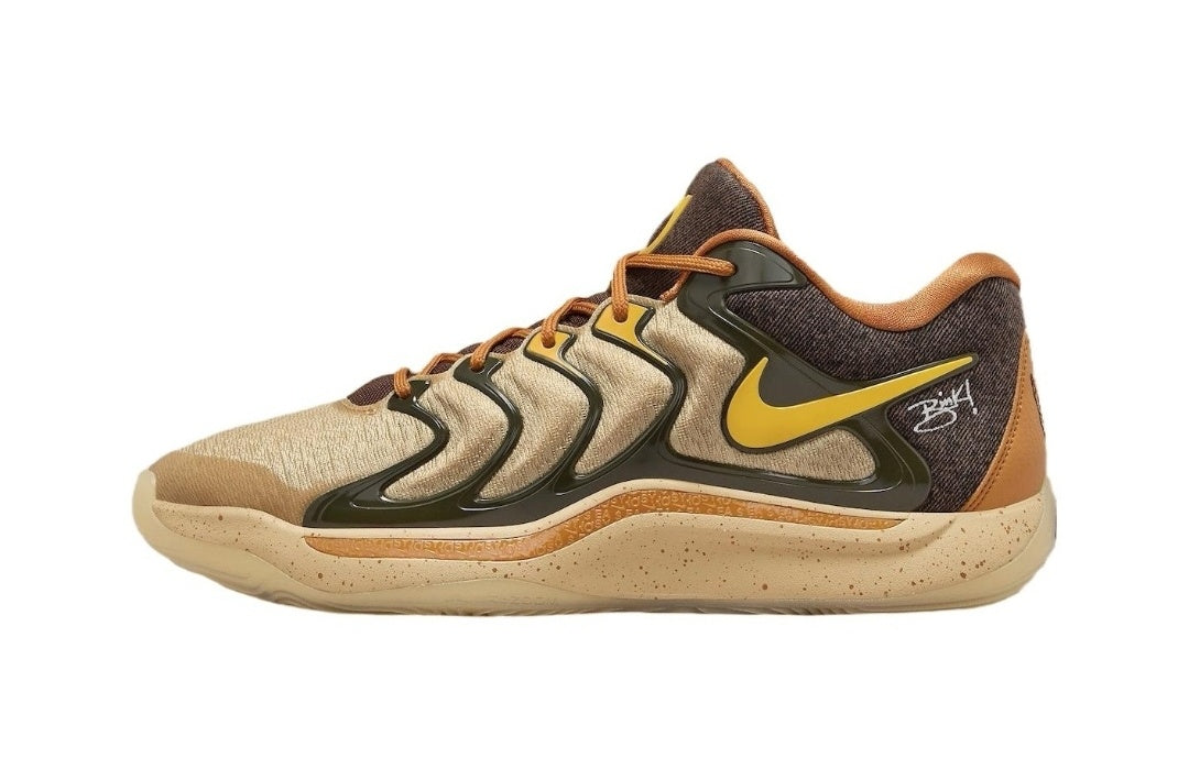 Side view of brown and black Nike KD 17 basketball shoe with yellow accents.