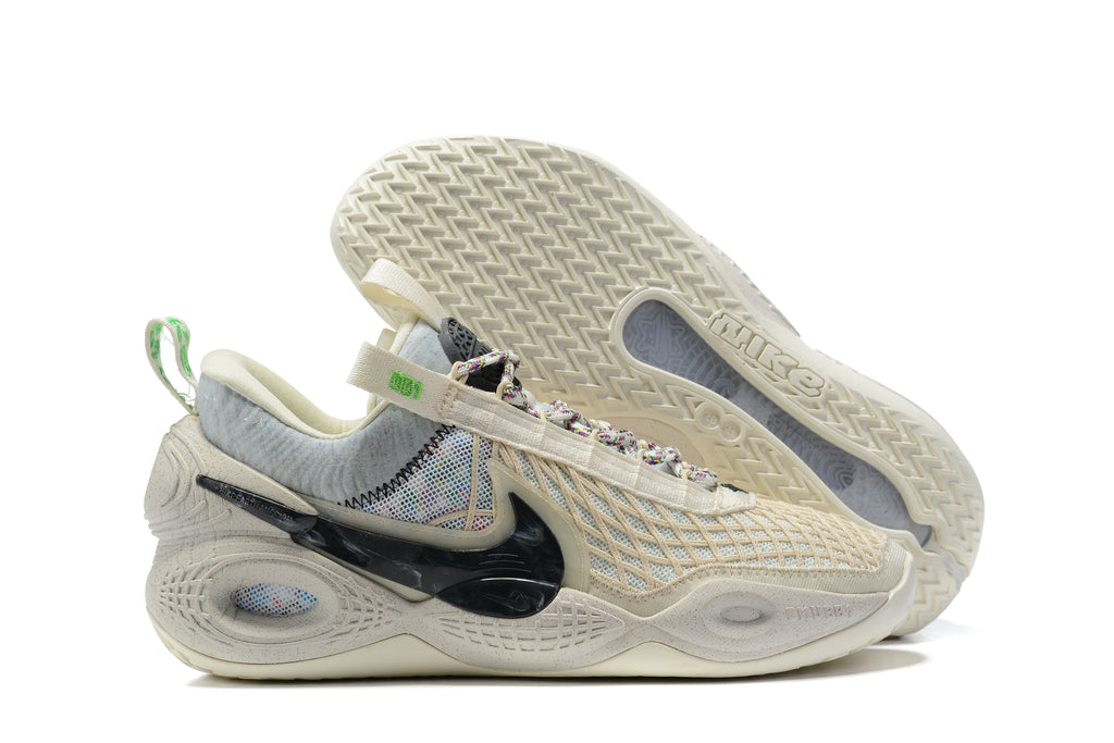 Cream Nike Anthony basketball shoes with light neutral soles and multicolor details.