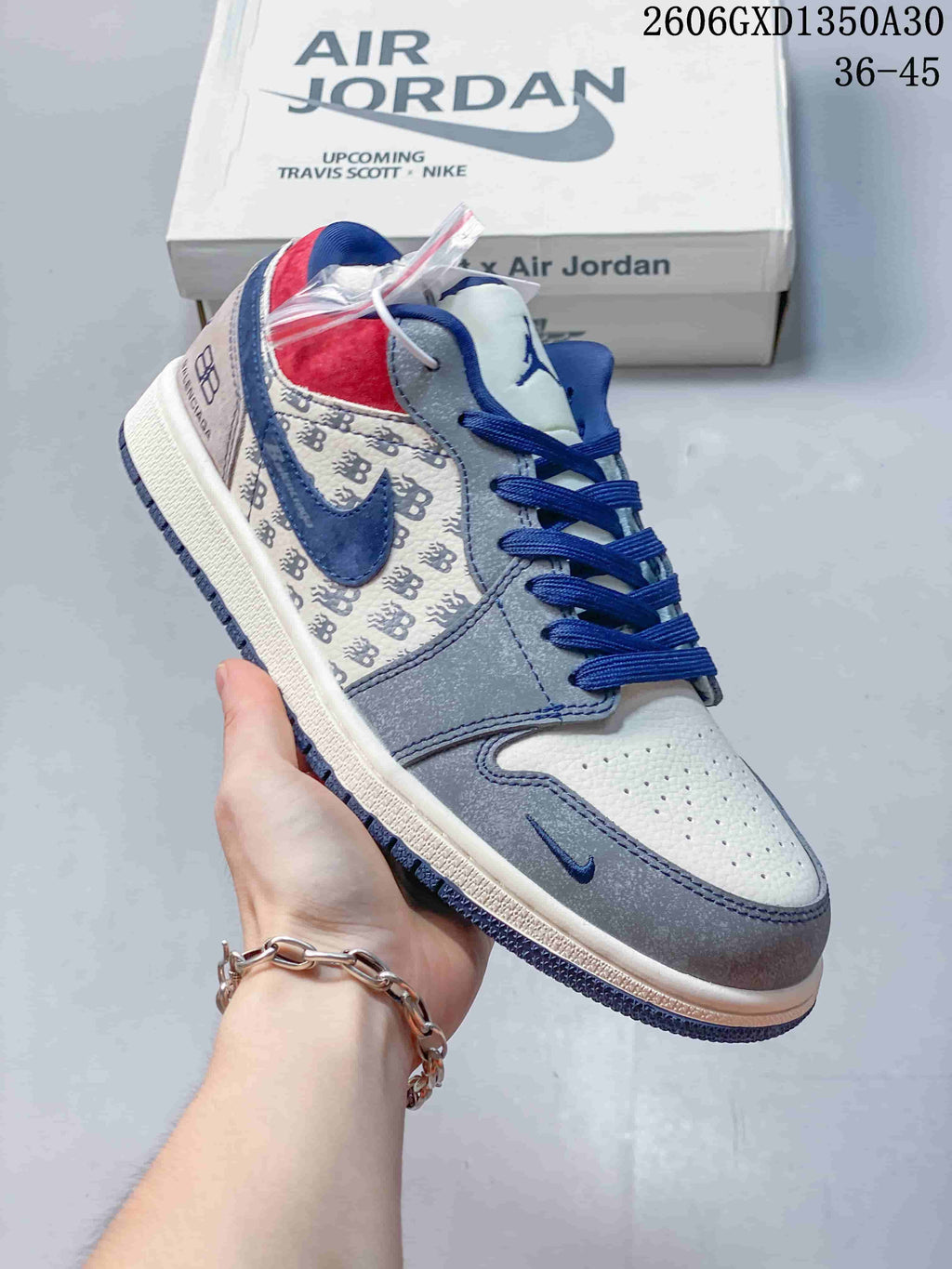 Close-up side view of patterned panels, blue Swoosh, and contrasting colors