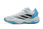 Side view of a white Adidas Adizero shoe with blue accents and black stripes