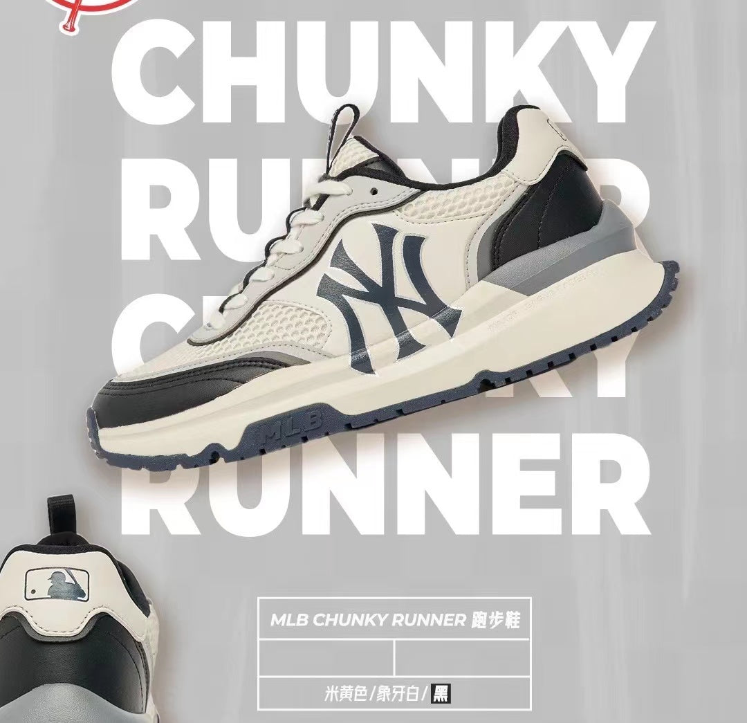 MLB Chunky Runner sneaker in beige, ivory, and black, shown from the side with the MLB logo and chunky outsole visible.