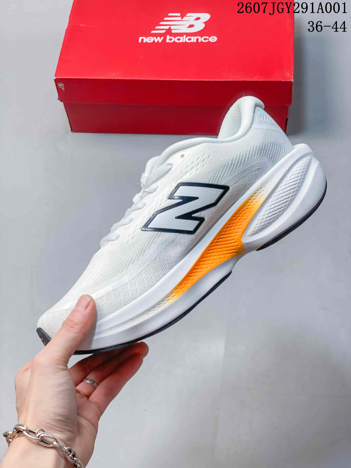 Side profile of the white running shoe with orange side accents.