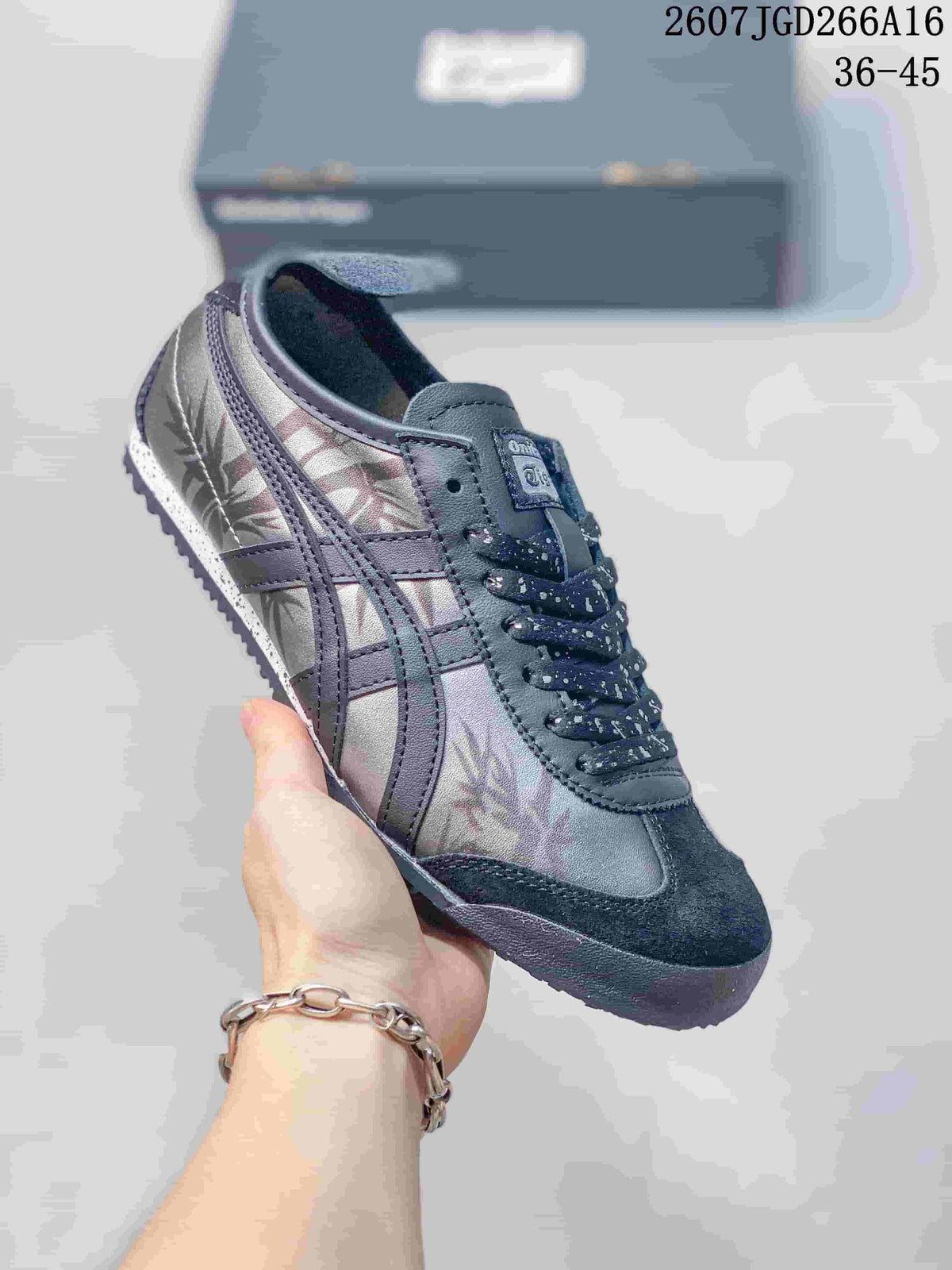 Angled side view showing the patterned side panel, contrast stripes, and black toe cap.