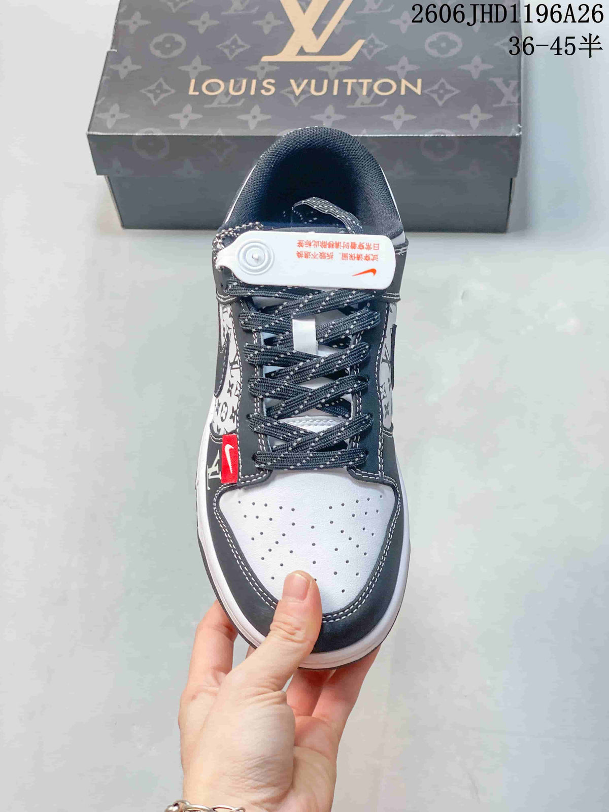 Front view of a sneaker with dotted laces and perforated toe panel