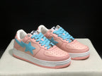 Three-quarter front view of the pink and light-blue low-top sneakers with perforated toe boxes and white midsoles.