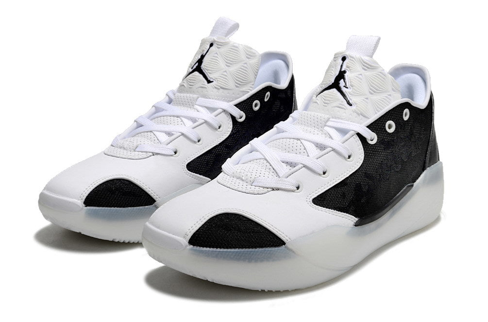 Pair of black and white Jordan Luka 39 shoes viewed from the front