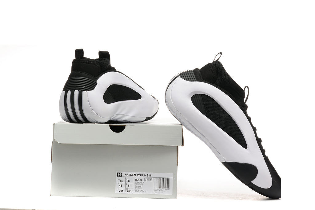 Black and white Harden Vol. 8 shoes shown with shoe box and outsole view