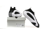 Black and white Harden Vol. 8 shoes shown with shoe box and outsole view