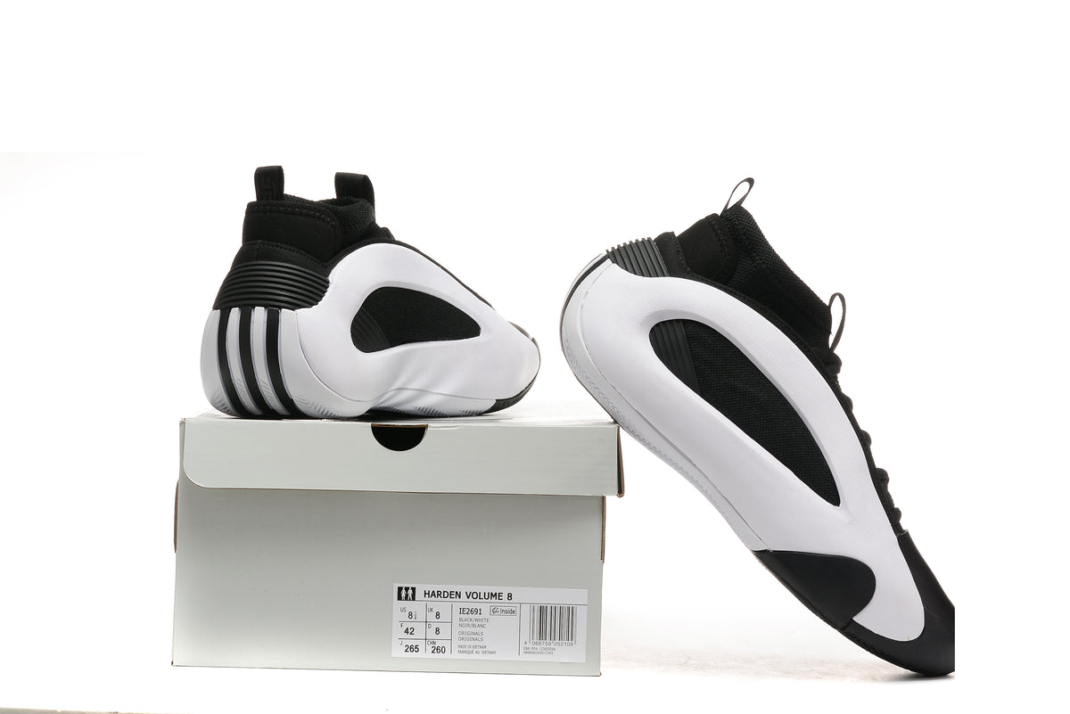 Black and white Harden Vol. 8 shoes shown with shoe box and outsole view