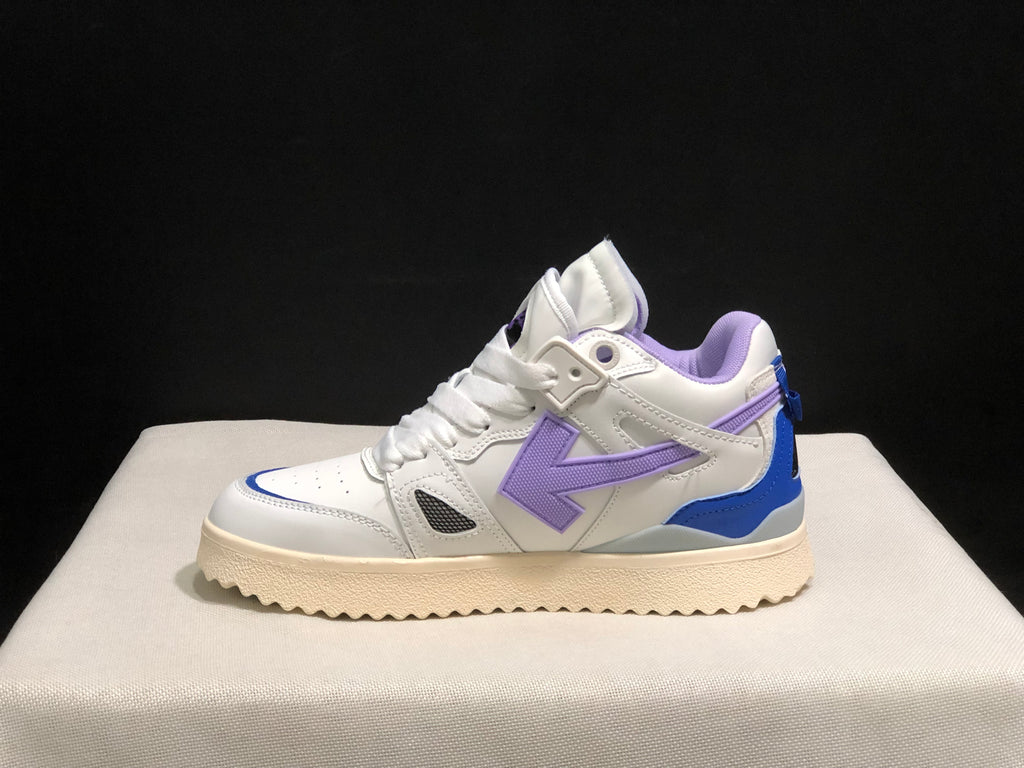 Full side profile of a white sneaker with lavender arrow-shaped detailing, blue heel accent and textured cream outsole.