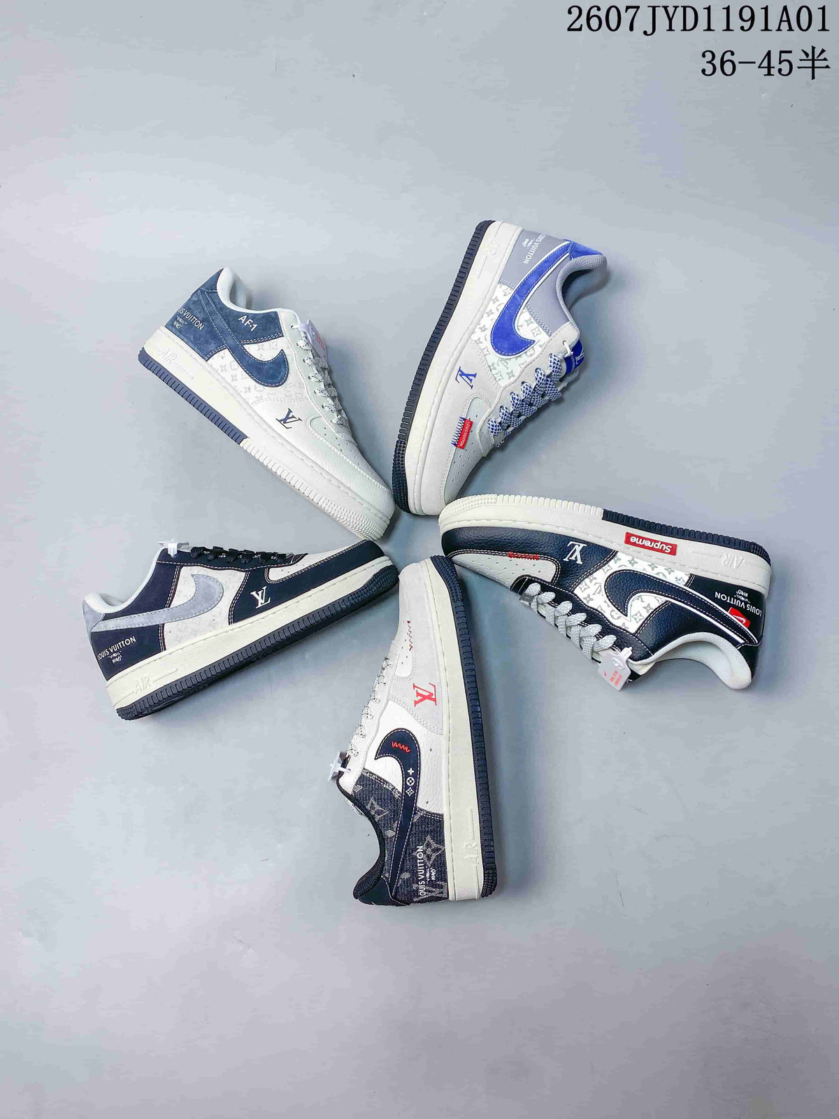 Several color variations of low-top sneakers arranged together