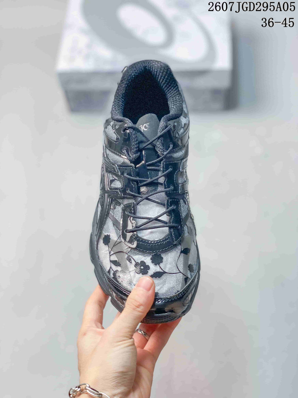 Top view showing the floral toe box, laces, tongue, and padded collar.