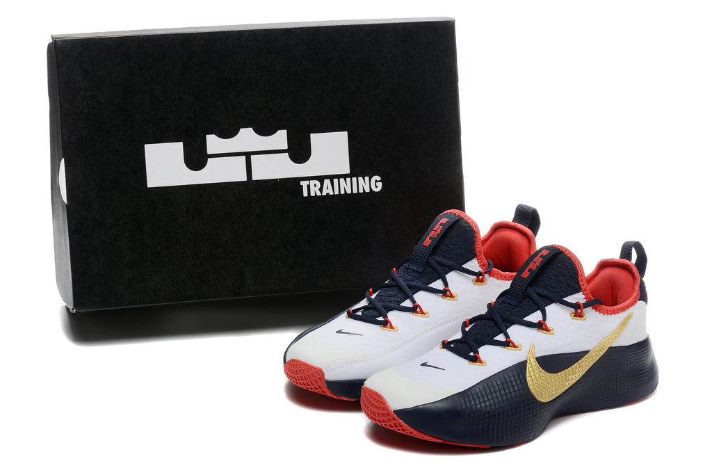 Pair of shoes displayed beside a LeBron Training box