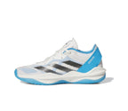 Opposite side profile of a white Adidas Adizero shoe with light blue and black accents.