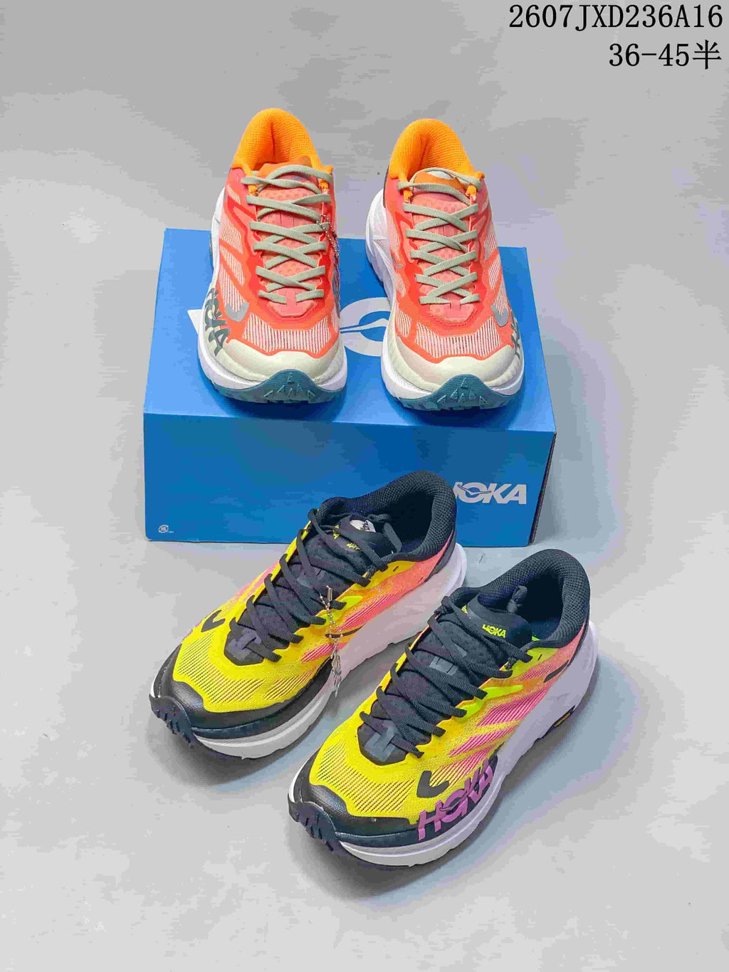 Both visible Hoka MAFATE X colorways arranged together: coral and pale green shoes above, and yellow, pink, and black shoes below.