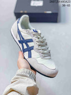 Angled side view of the white and blue sneaker highlighting the layered side stripes, lace-up front and textured outsole; overlay shows model code 2607JDY493A23 and size range 36–45.