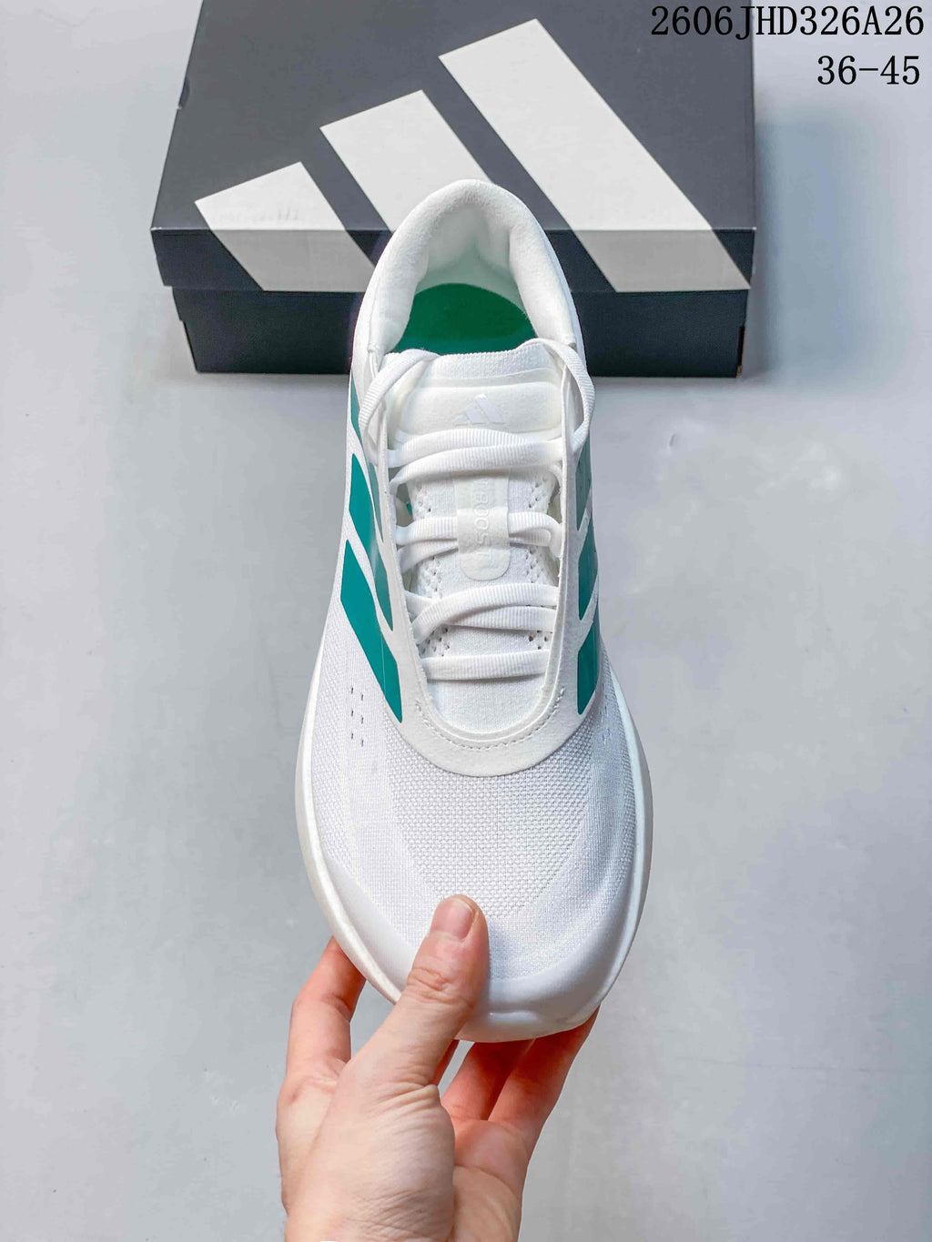 Top view showing the laces and textured white upper