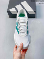 Top view showing the laces and textured white upper