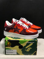 Burgundy and orange Bape Sta sneakers displayed above a branded shoe box; the box label shows EU 41, US 8, UK 7 and CM 26.