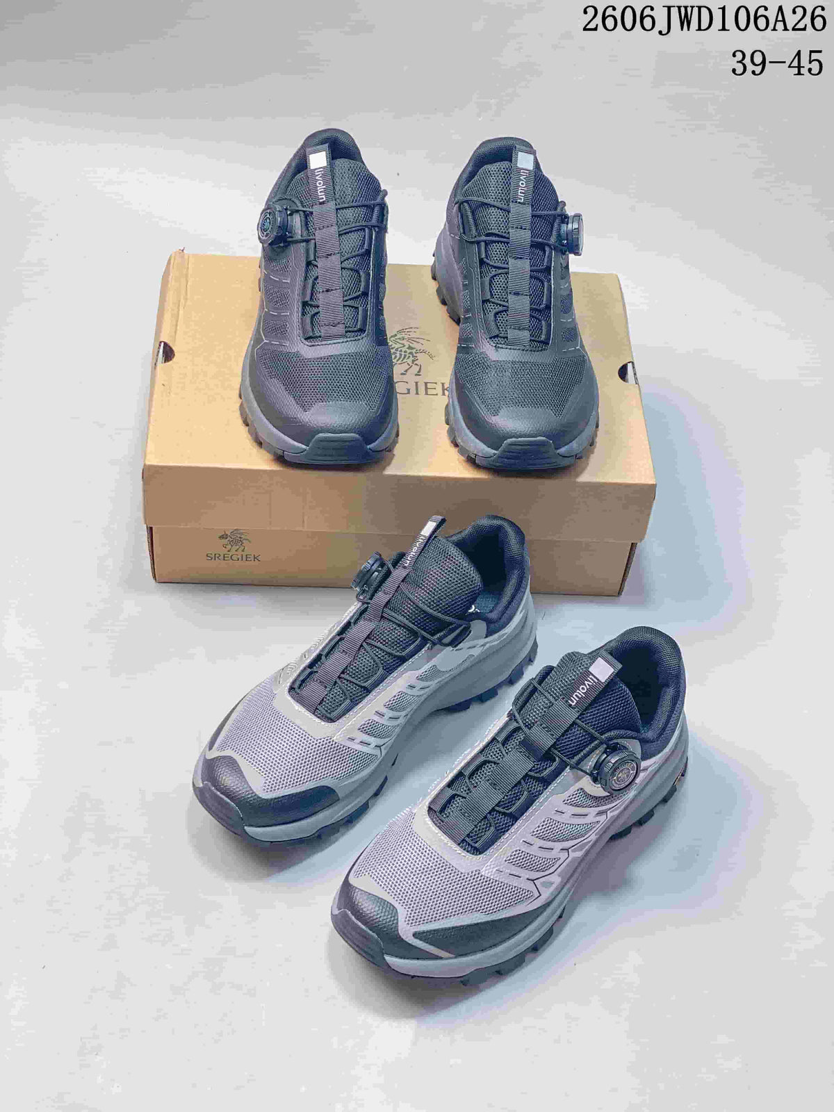 SREGIEK sneakers shown in dark navy and gray and light gray colorways.