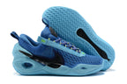 Blue Nike Anthony basketball shoes with light blue soles and multicolor laces.