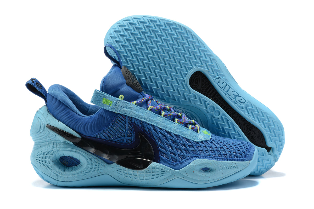 Blue Nike Anthony basketball shoes with light blue soles and multicolor laces.