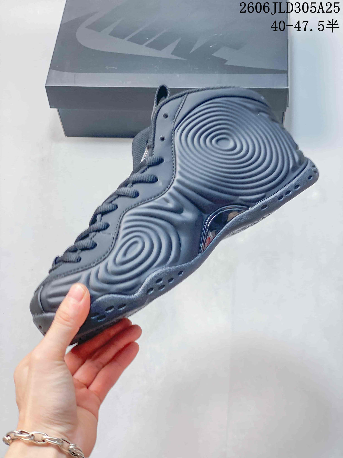 Side view of the gray high-top shoe with sculpted circular panels