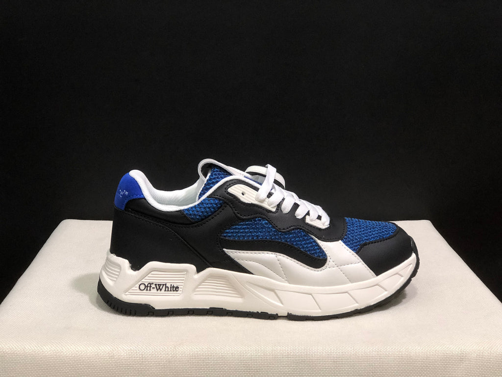 Side profile of one black, blue, and white sneaker with visible Off-White branding on the midsole area.