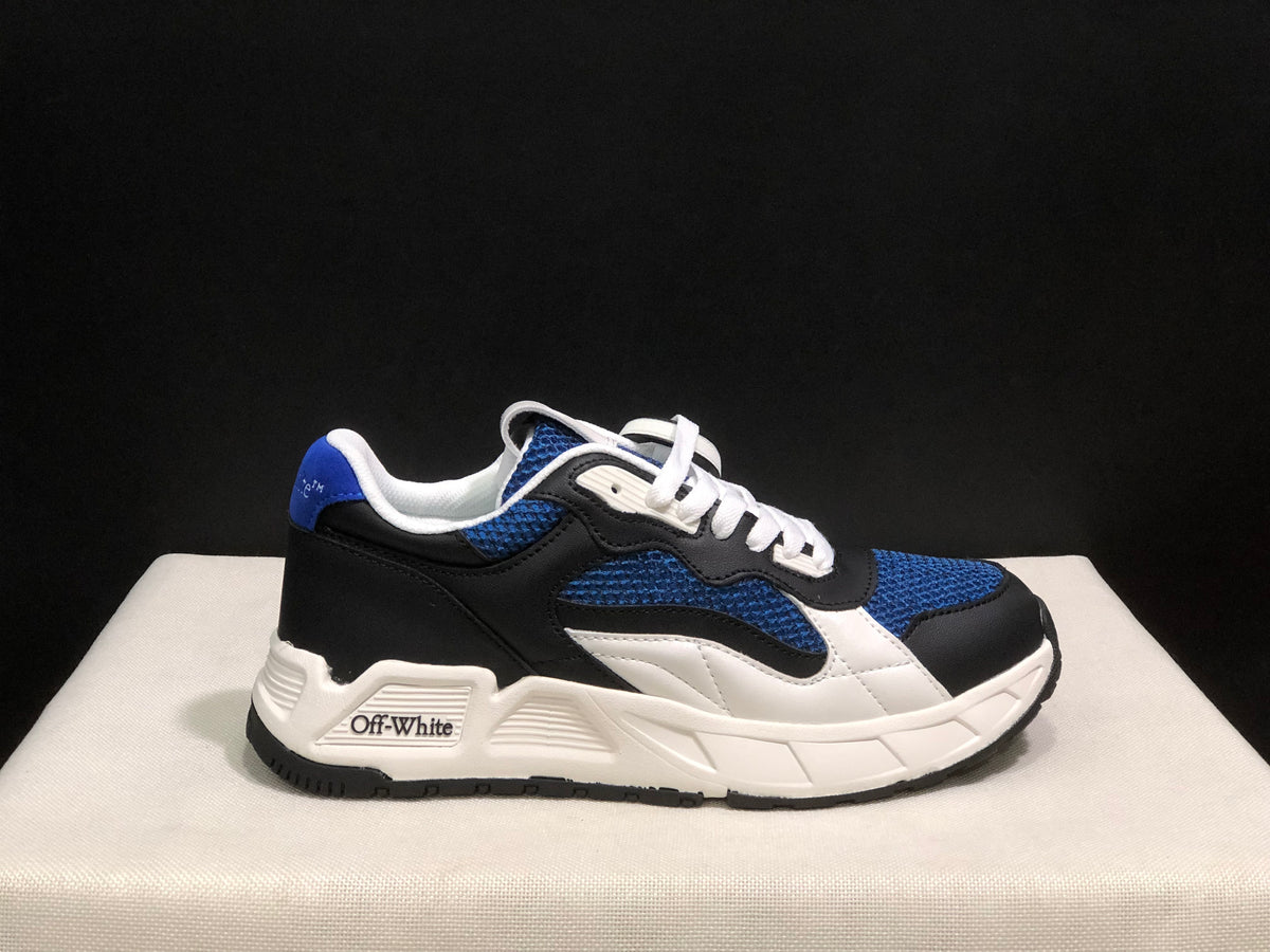 Side profile of one black, blue, and white sneaker with visible Off-White branding on the midsole area.