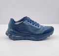 Side view of a dark blue Alo lace-up sneaker showing the patterned upper, layered side detailing, and raised sole.