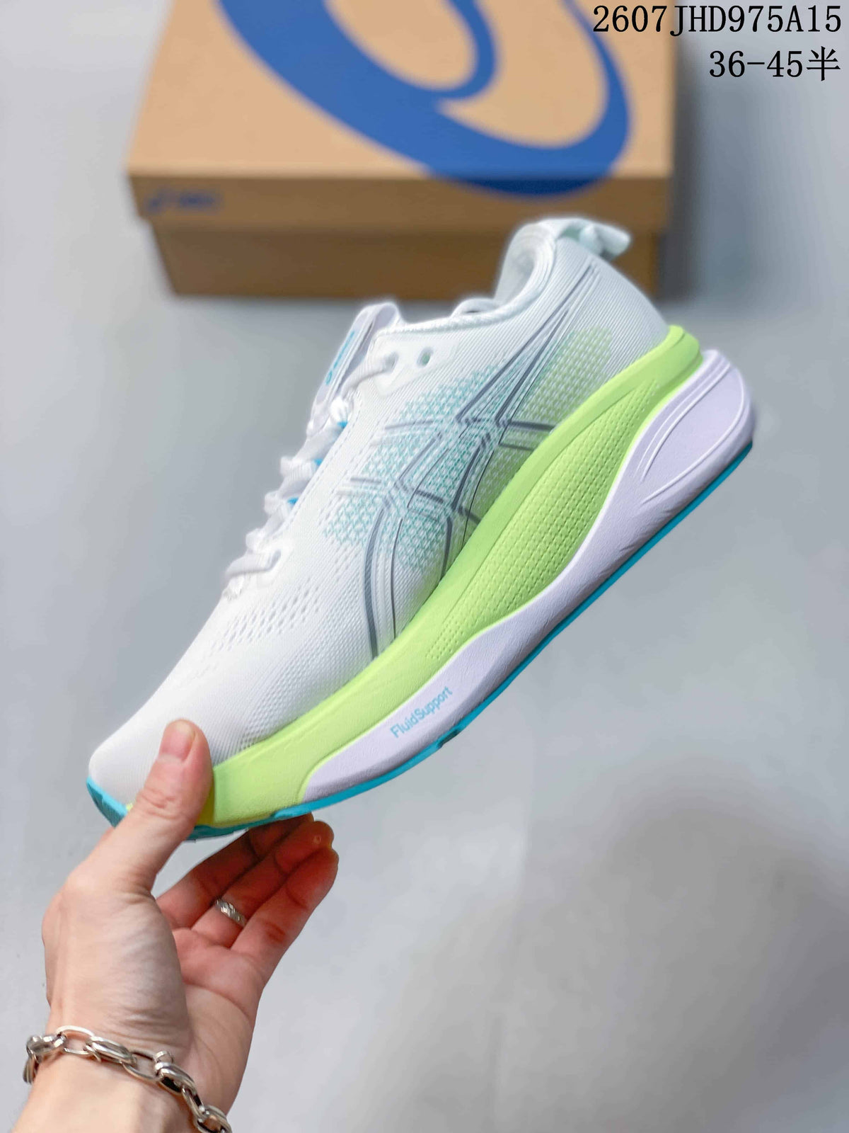 Side profile showing the white textured upper, ASICS side logo, lime-green midsole, and turquoise outsole edge.