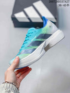Side profile of the aqua adidas sneaker showing dark gray side stripes, blue accents, and a thick white outsole.