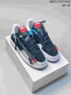 Pair of black and white Nike Lunar Force 1 sneakers with side zippers, colorful accents, and a visible 40–45 size range and code 2607JJY973A23.