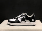 Side profile of a black-and-white low-top sneaker with glossy overlays, a star-shaped side detail and layered sole.