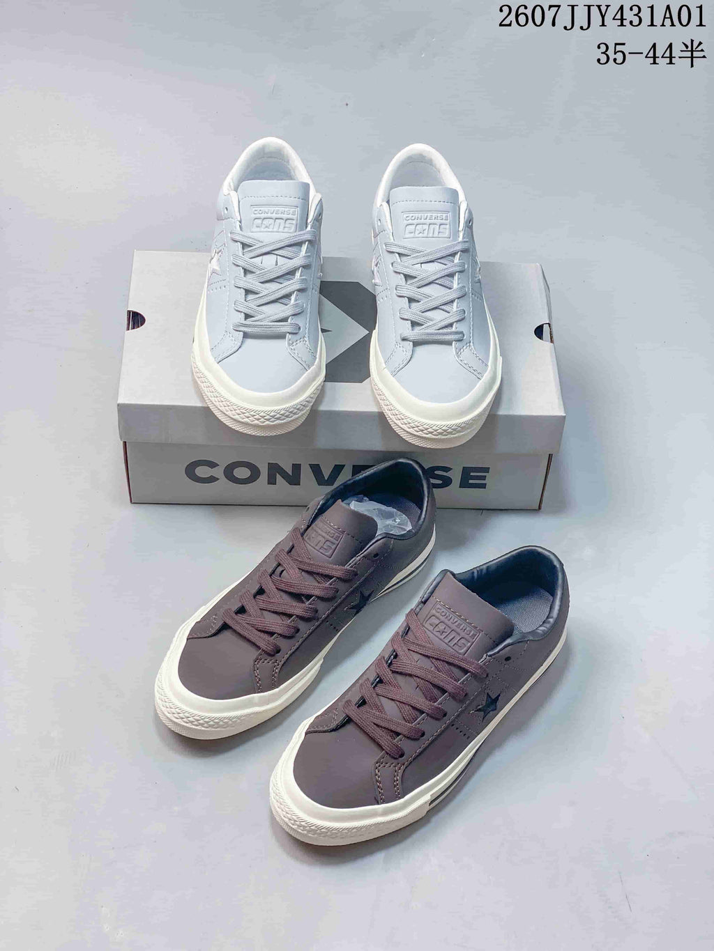Light blue and gray Converse One Star low-top sneakers displayed together