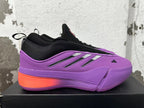 Side view of a purple adidas Dame 9 shoe with metallic-look stripes and coral heel accent