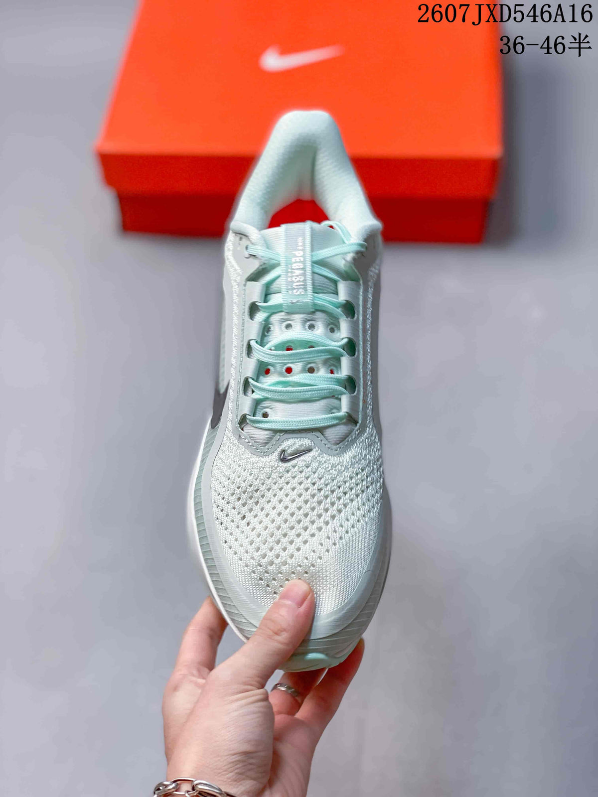 Top view showing the perforated knit toe box, mint laces, and Nike branding.