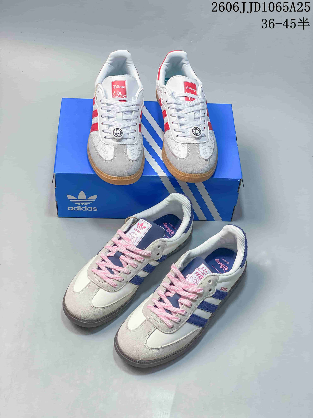 Two pictured Adidas Samba-style sneaker designs: white and red with Disney details, and white with blue stripes and pink laces