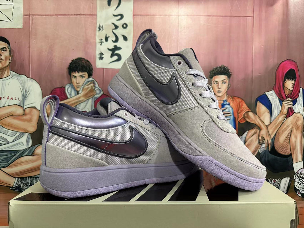 Pair of low-top sneakers in light gray-white with dark Swooshes and purple-toned soles, shown from the side.