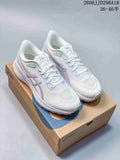 Pair of white and lilac ASICS GT-1000 13 running shoes displayed on an ASICS shoe box.