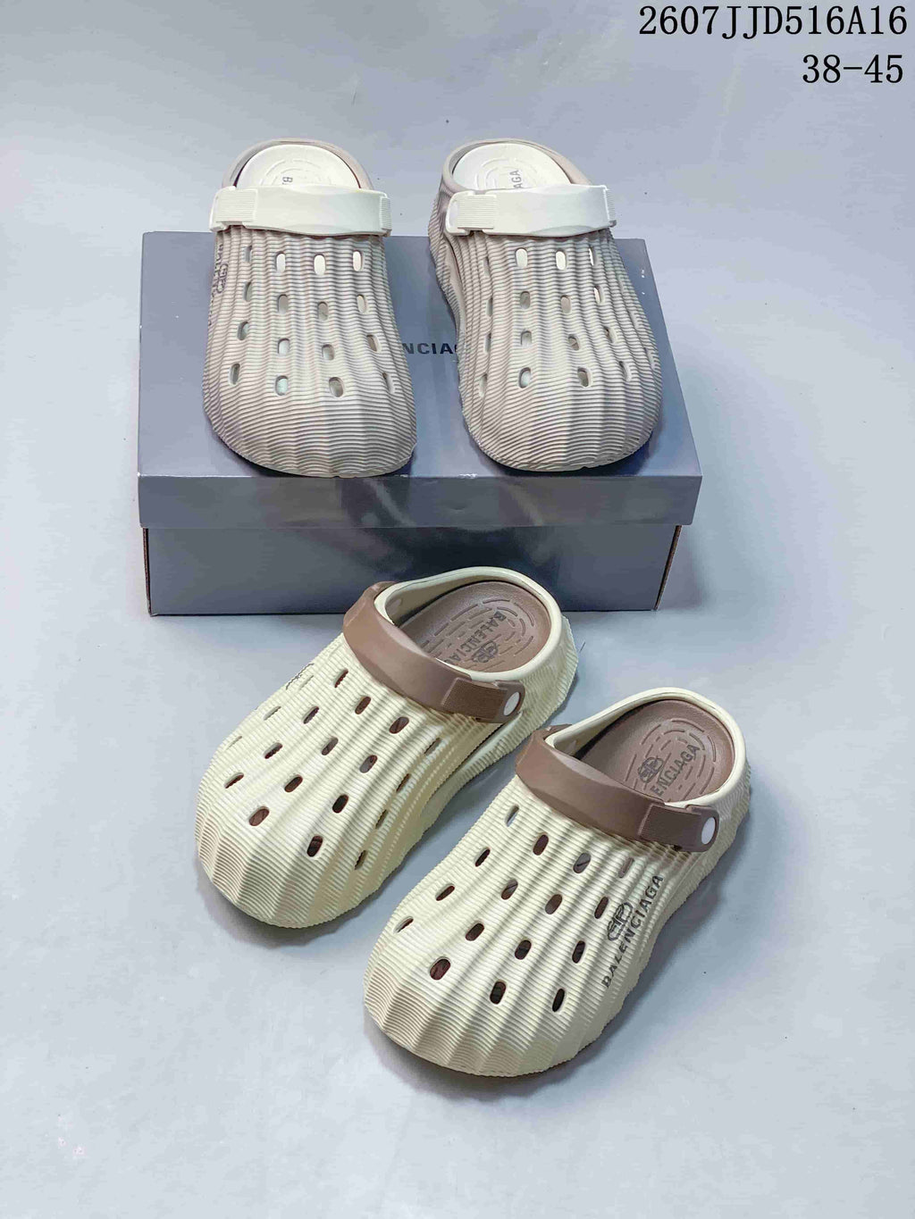 Multiple views of off-white clog sandals with white and brown straps, including the branded footbeds and shoebox.