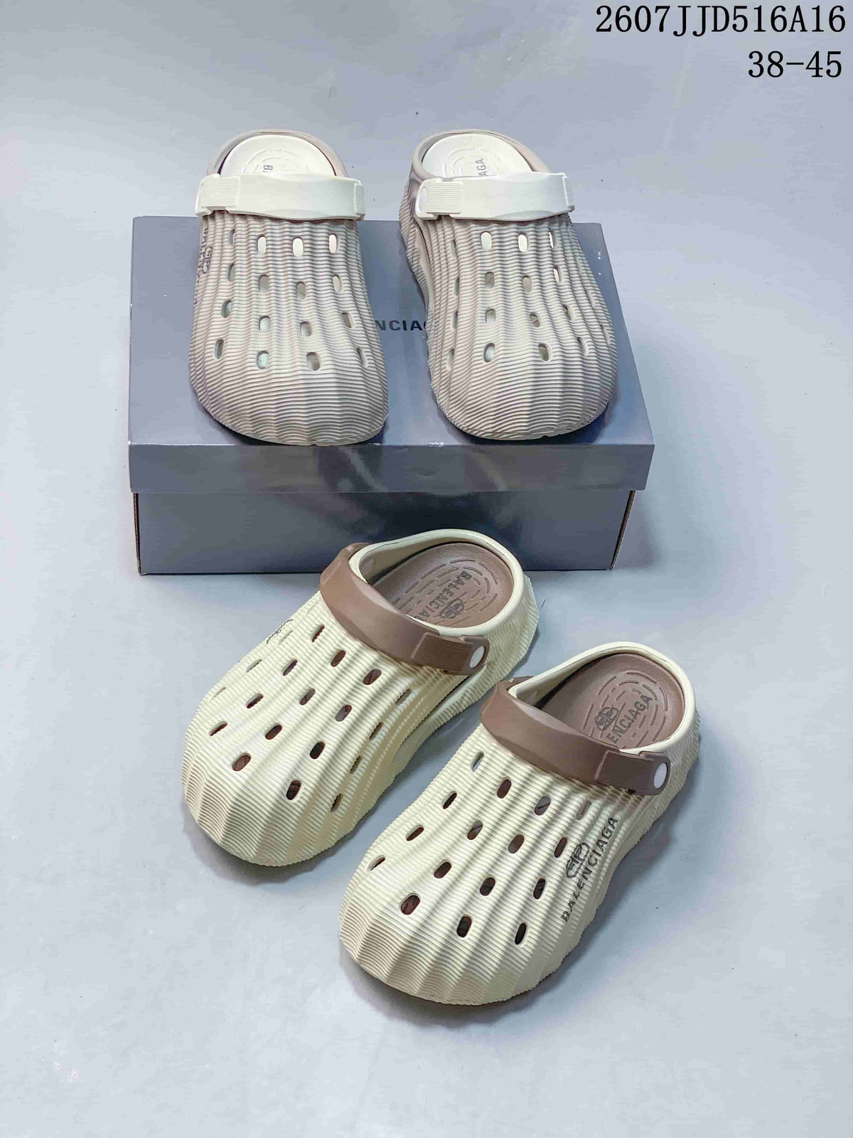 Multiple views of off-white clog sandals with white and brown straps, including the branded footbeds and shoebox.