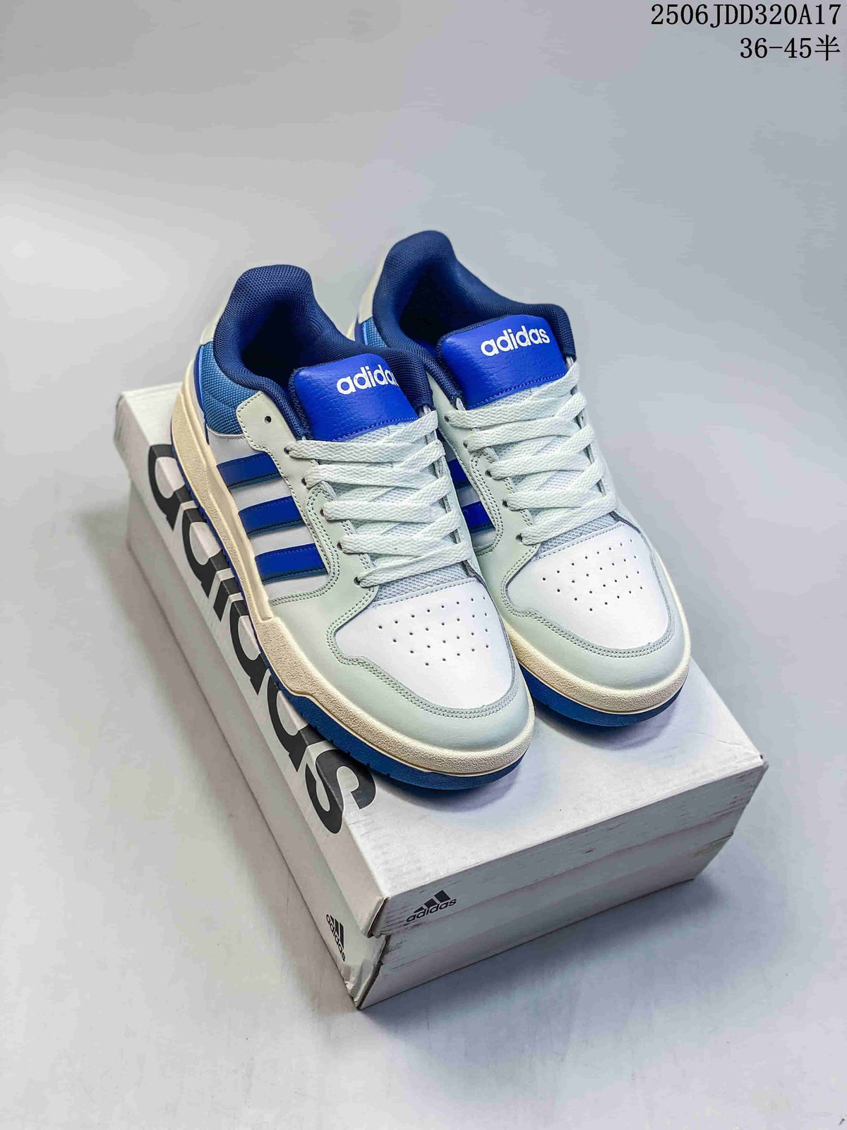 Pair of white and royal blue adidas Entrap sneakers displayed on an adidas shoebox; image text shows 2506JDD320A17 and a 36–45 half-size range.