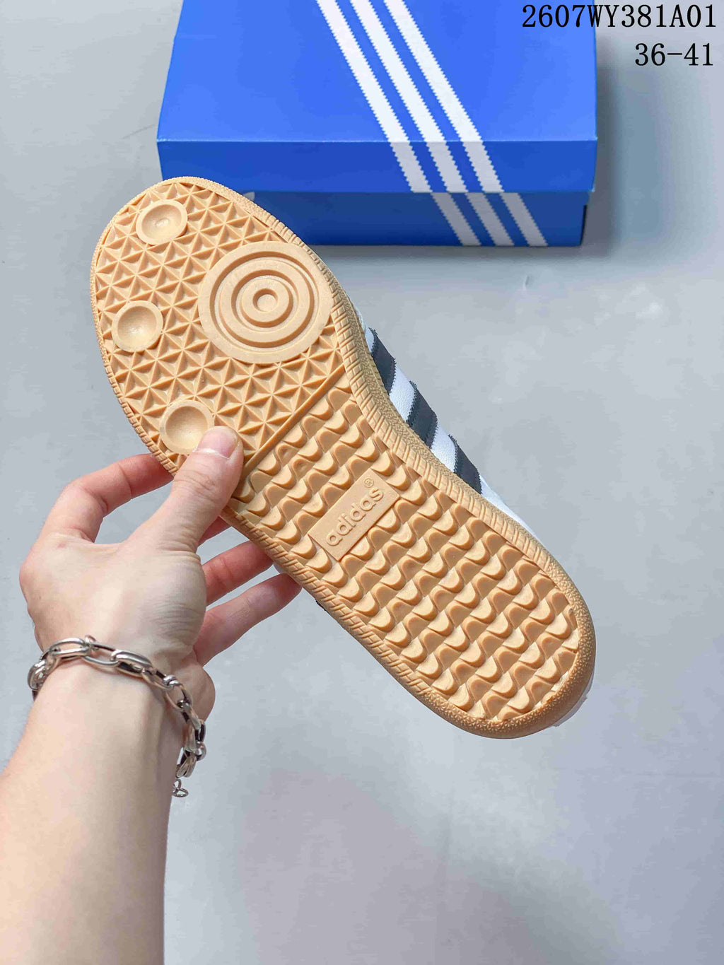 Close-up of the gum-colored outsole and patterned tread