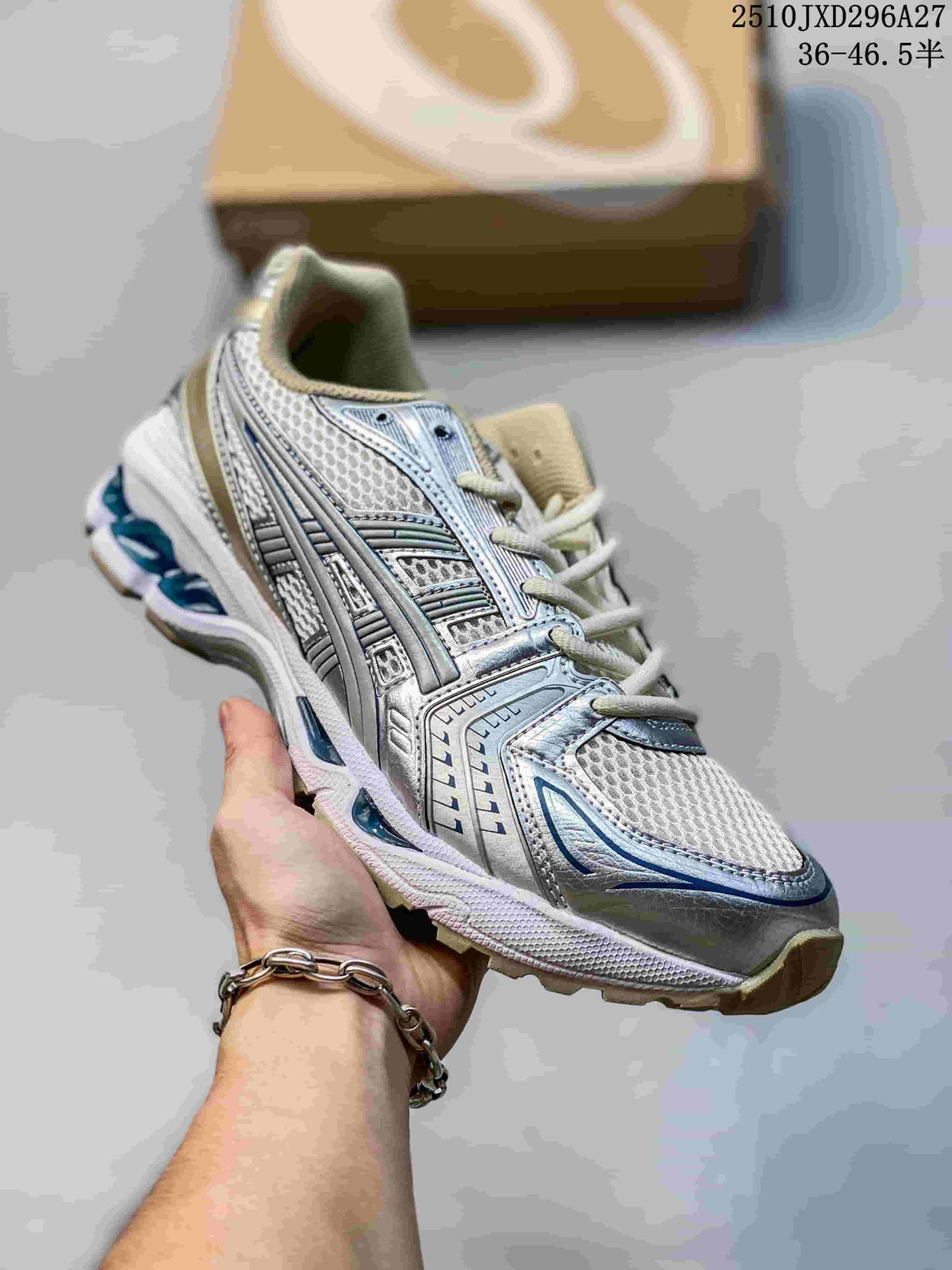 Silver and cream mesh sneaker with blue sole accents