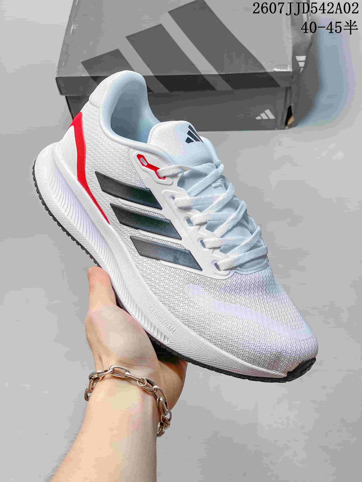 Angled side view of the white Adidas Runfalcon 5 running shoe with black stripes and red heel accent.