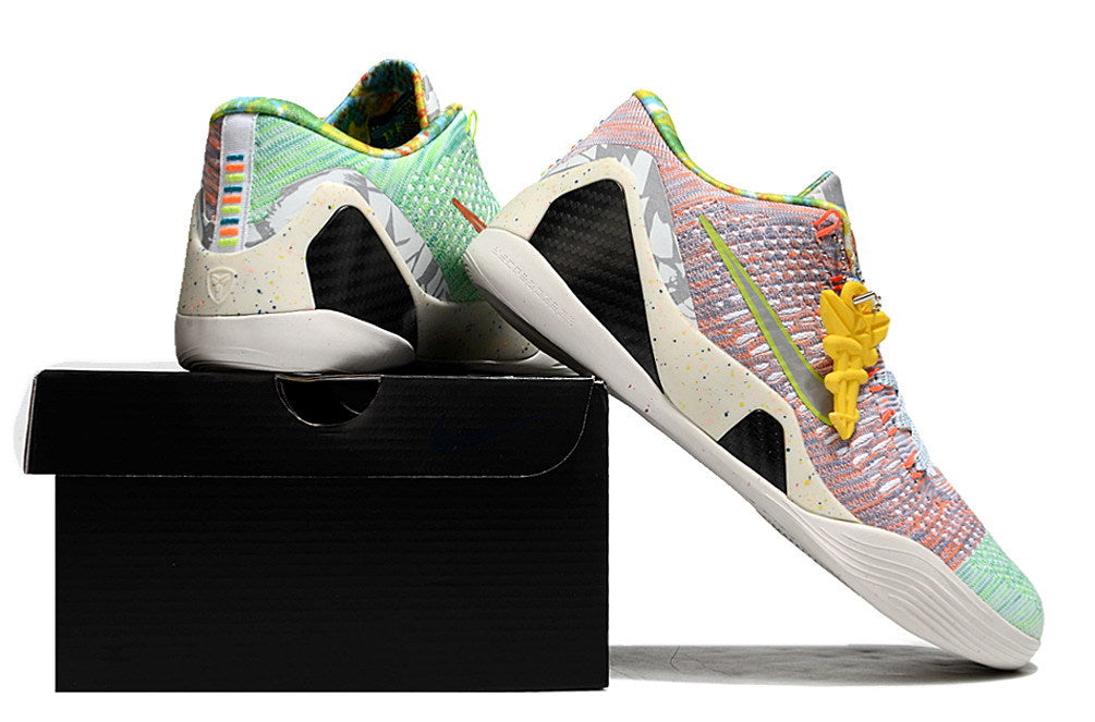 Pastel multicolor shoes displayed on a black shoebox.