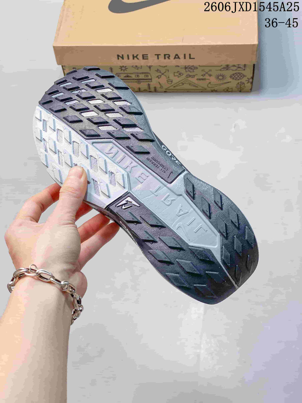 Close-up of the lugged outsole on a Nike Pegasus Trail shoe