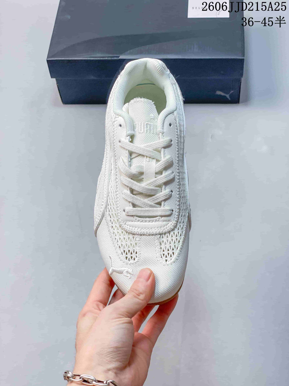 Top view of the off-white sneaker showing the lace arrangement, tongue branding, and open mesh-style panels.
