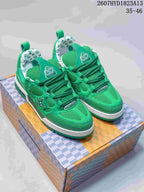 Pair of green Louis Vuitton Trainer sneakers displayed on a patterned box, with style code 2607HYD1823A13 and size range 35–46 visible at the top.